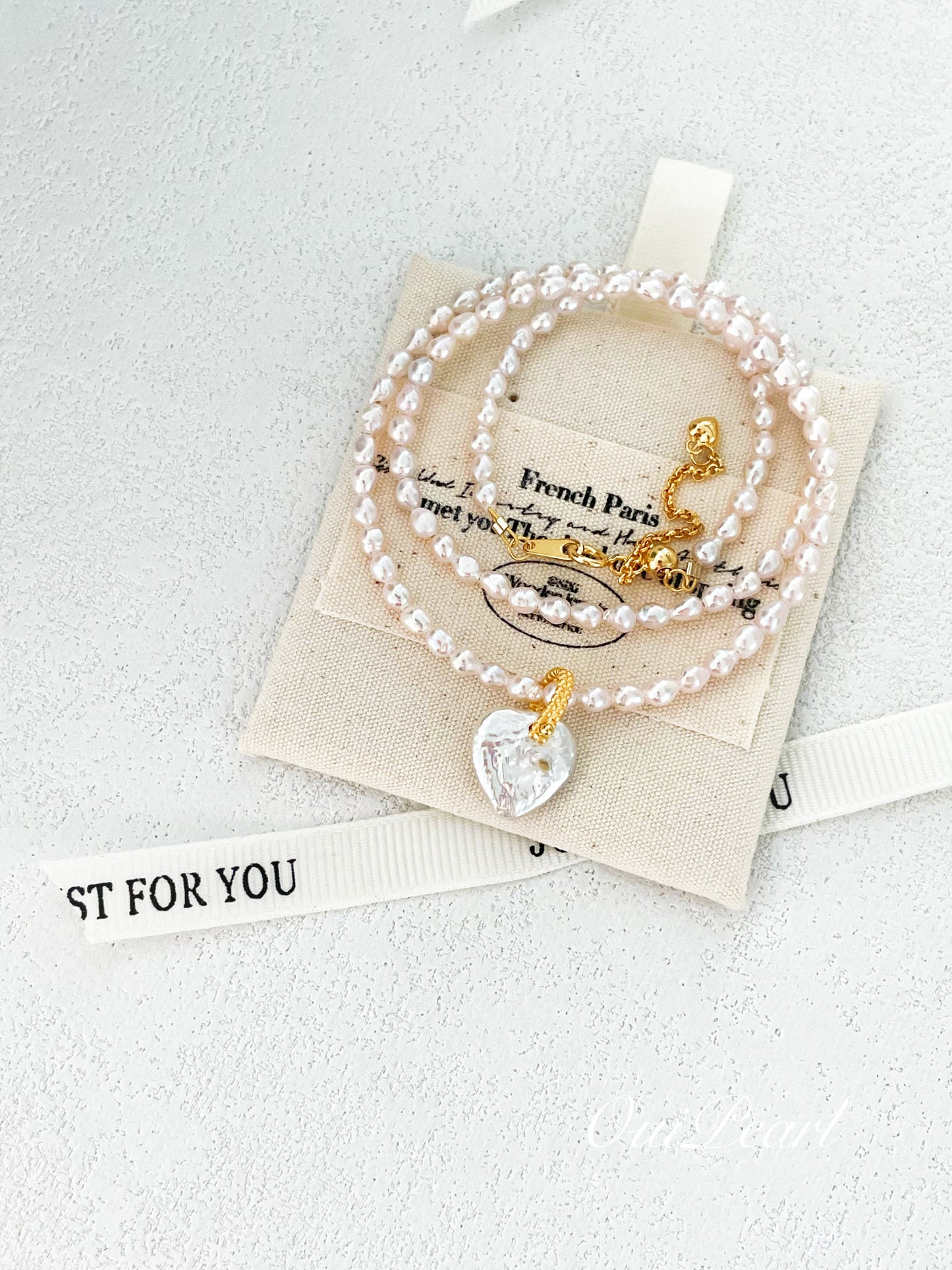 OuiPearl Baroque Love Necklace 仙女金粉愛心巴洛克珍珠S925銀吊墜項鏈（鏈長39+5CM）