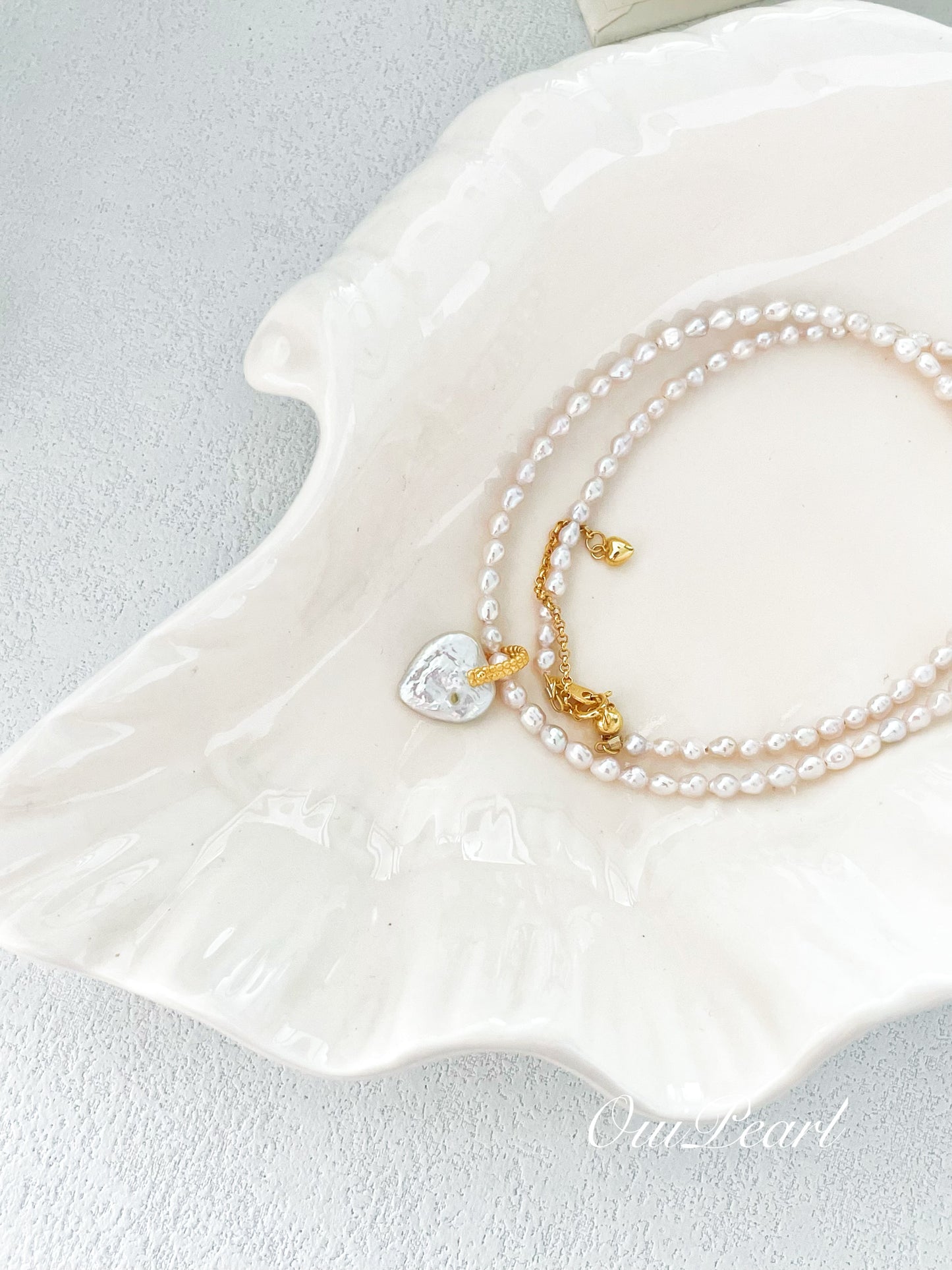 OuiPearl Baroque Love Necklace 仙女金粉愛心巴洛克珍珠S925銀吊墜項鏈（鏈長39+5CM）