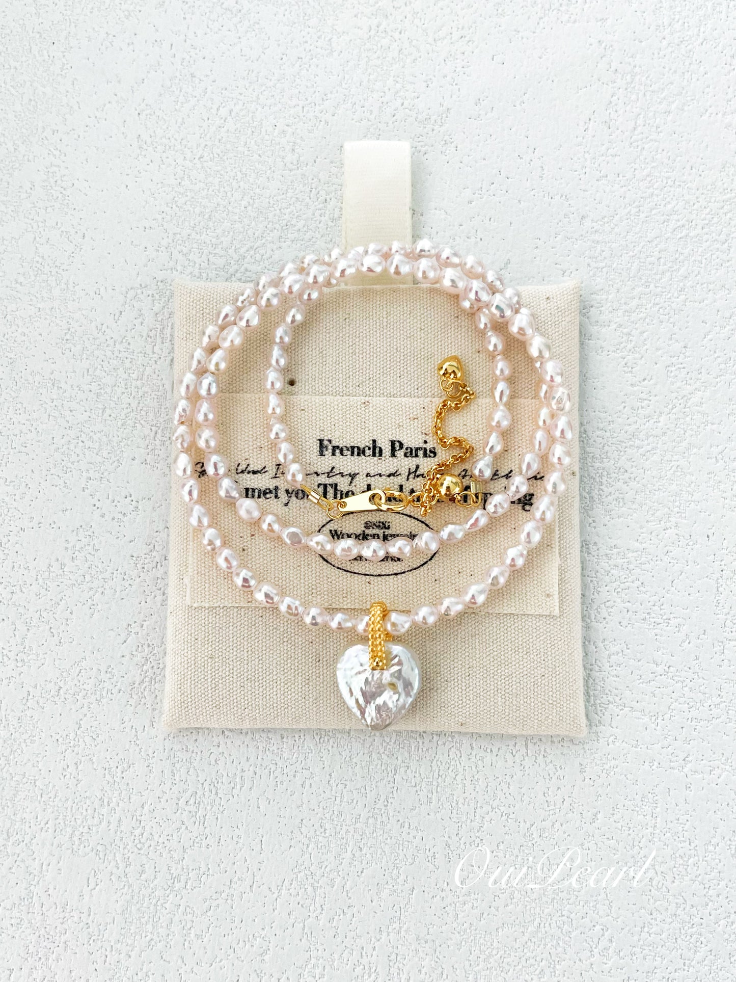 OuiPearl Baroque Love Necklace 仙女金粉愛心巴洛克珍珠S925銀吊墜項鏈（鏈長39+5CM）