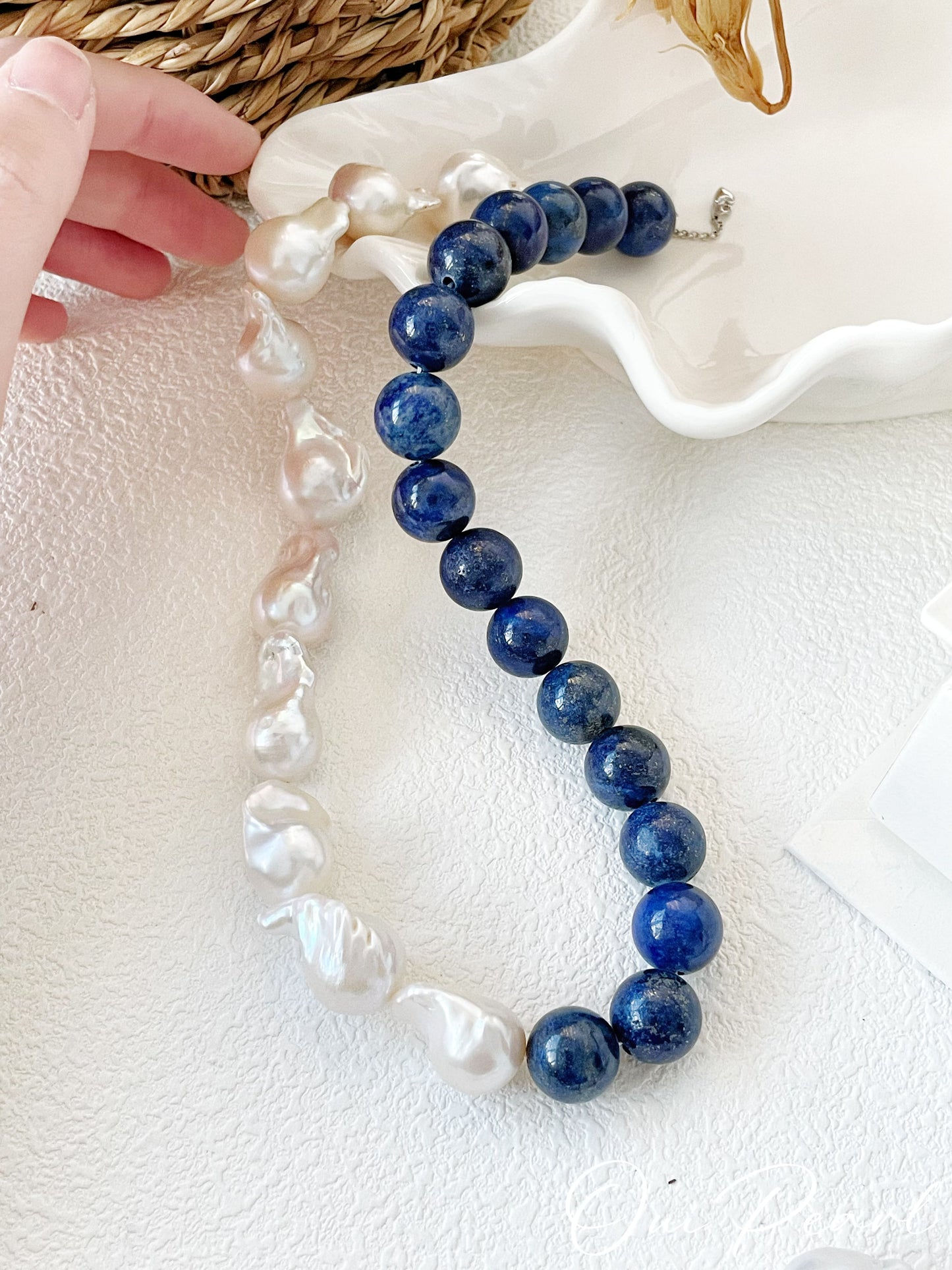 OuiPearl Baroque Necklace 復古佳人 青金石天然巴洛克珍珠純銀項鏈（鏈長40+5CM）