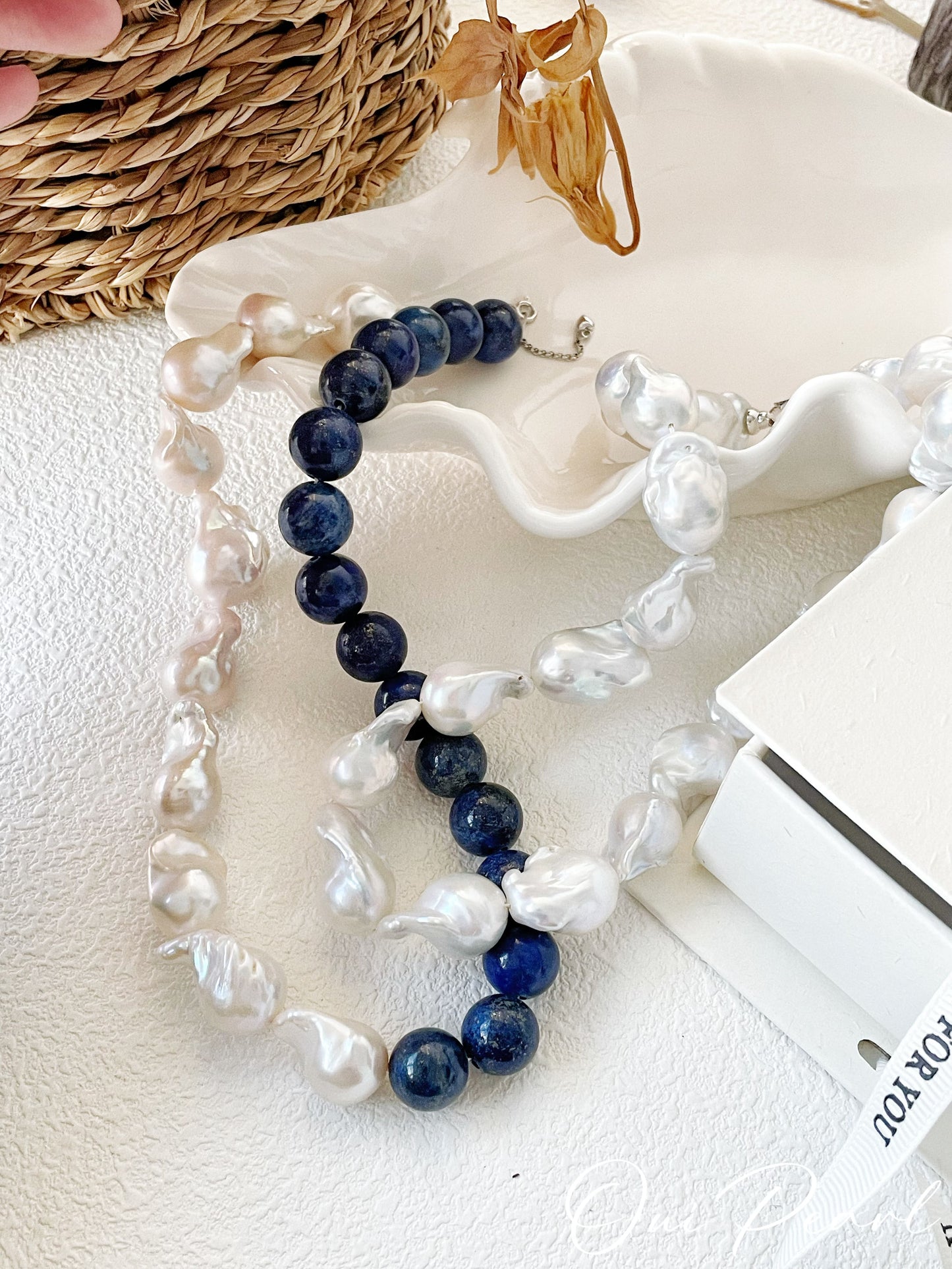 OuiPearl Baroque Necklace 復古佳人 青金石天然巴洛克珍珠純銀項鏈（鏈長40+5CM）