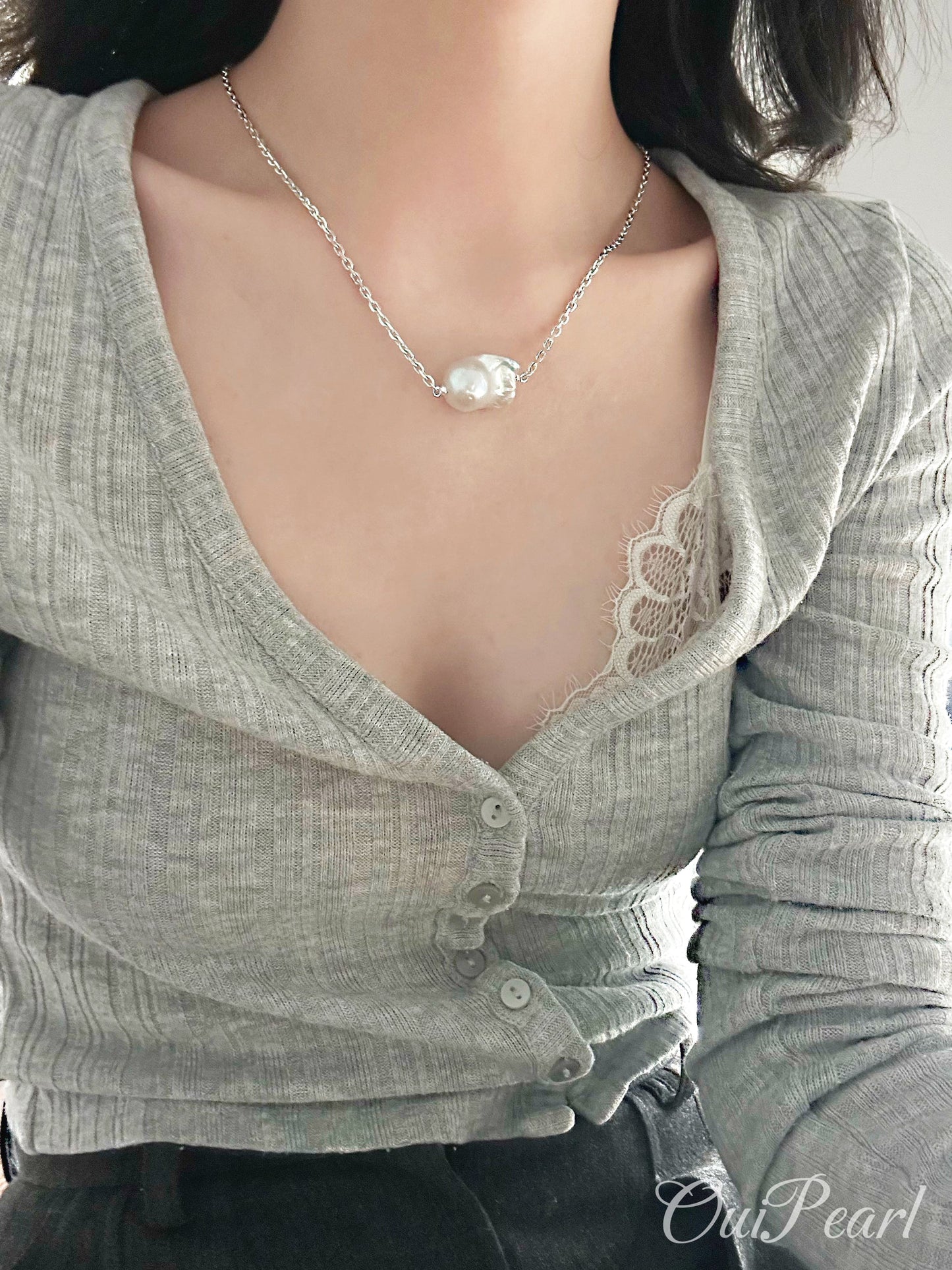 OuiPearl Baroque Necklace 大巴洛克珍珠純銀吊墜項鏈（鏈長45CM）