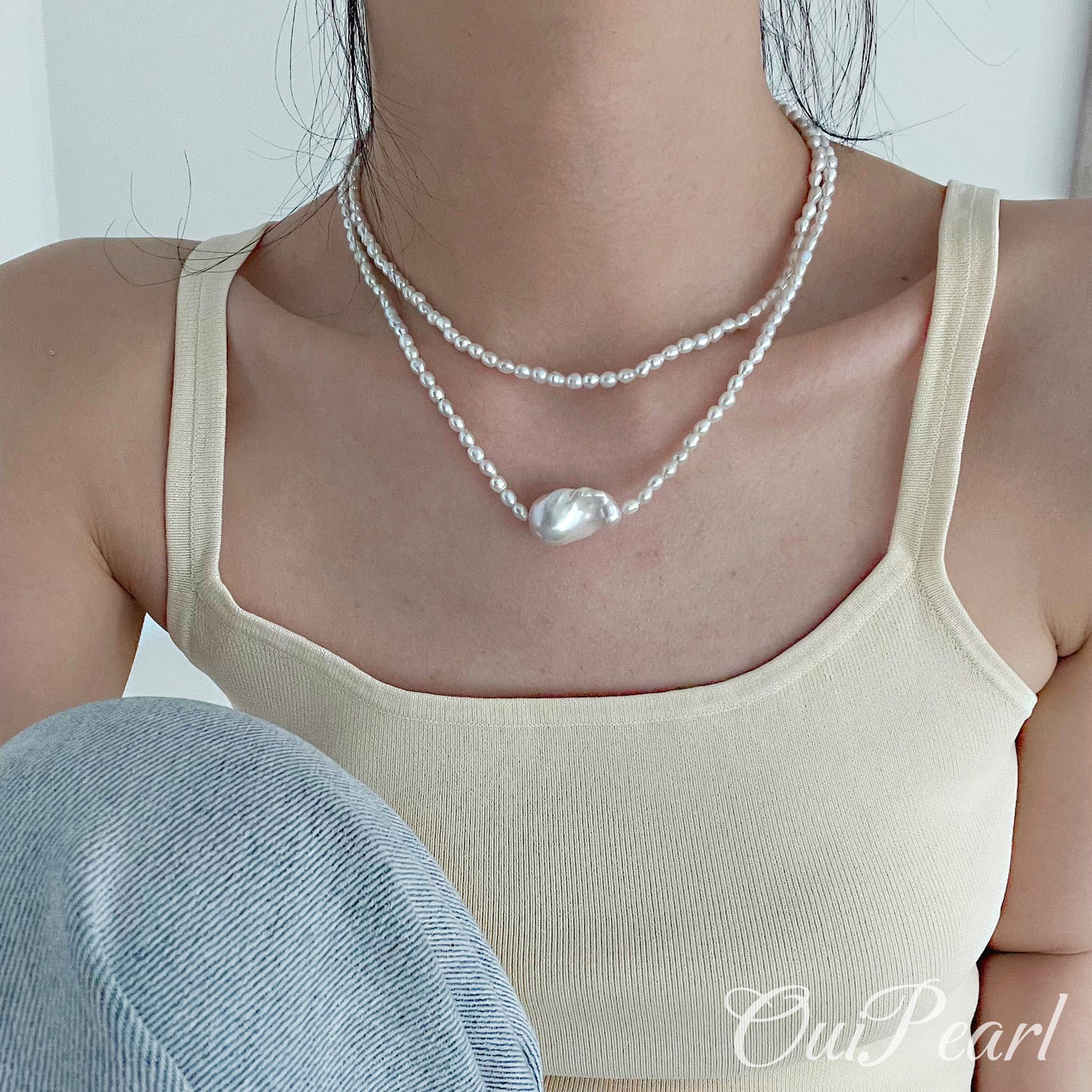 OuiPearl Baroque Double Necklace 大巴洛克珍珠雙層吊墜純銀項鏈（鏈長86-88CM）