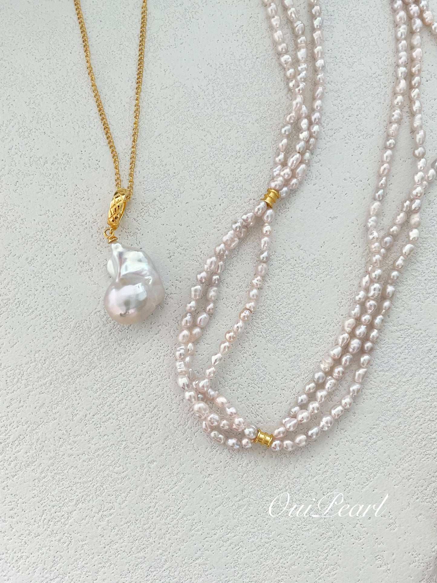 OuiPearl Romantic Necklace 奧黛麗赫本法式浪漫櫻花粉三層珍珠項鏈頸鏈 （鏈長38+5CM）