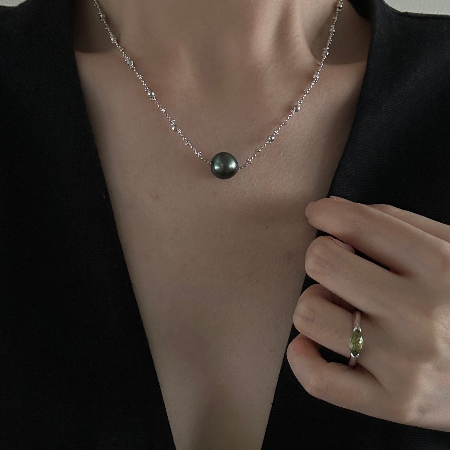 OuiPearl Saltwater Tahitian Pearl Necklace 夜幕系列 海水大溪地純銀珍珠項鏈 （鏈長40+5CM）