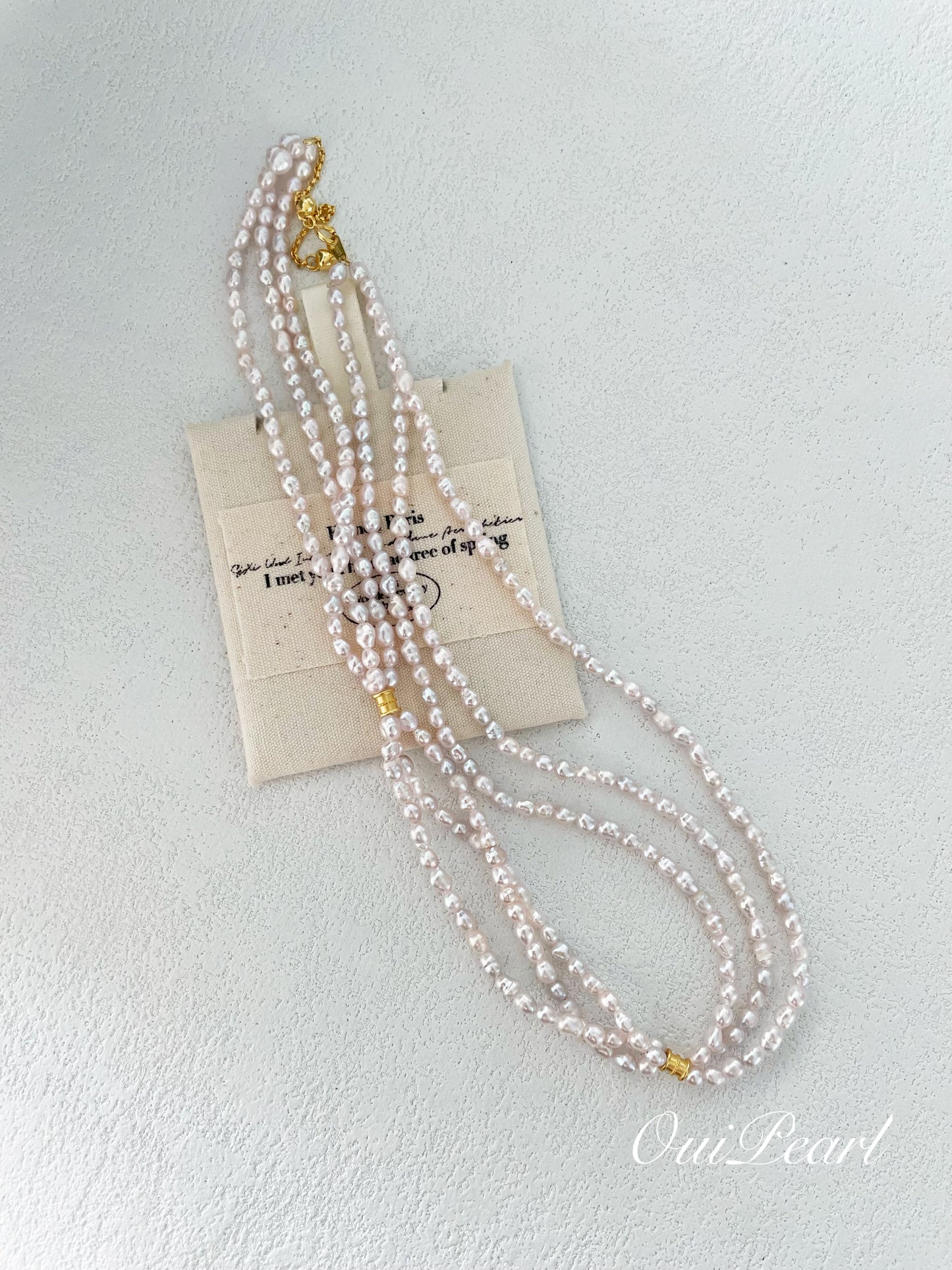 OuiPearl Romantic Necklace 奧黛麗赫本法式浪漫櫻花粉三層珍珠項鏈頸鏈 （鏈長38+5CM）